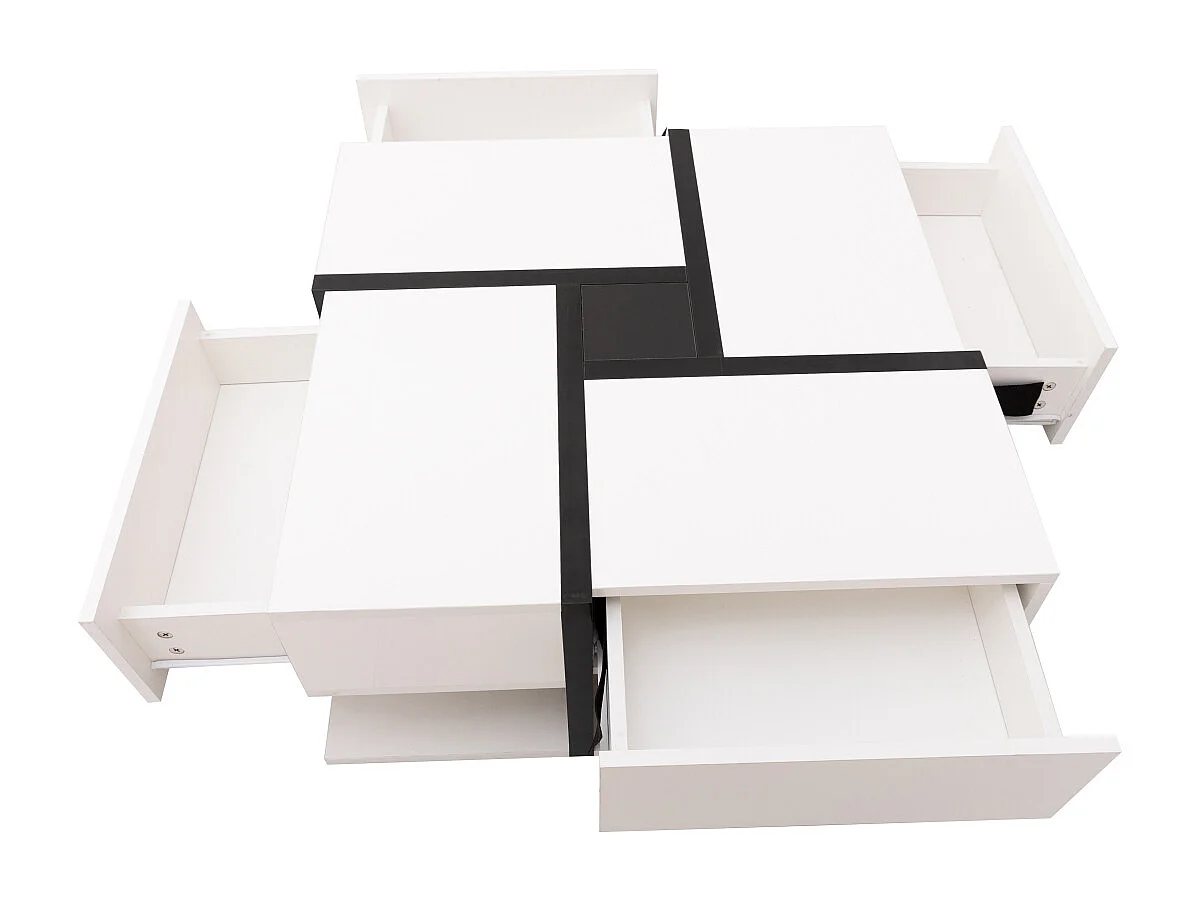 Table basse de salon, avec 4 tiroirs, moderne, avec deux étagères, design unique, blanche