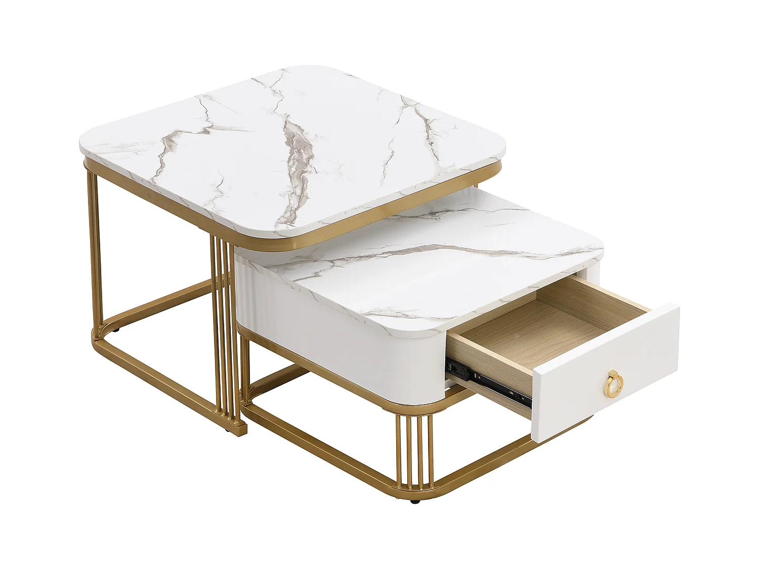 Lot de 2 Tables Basses gigognes, Table Basse en marbre avec Plateau en Verre et tiroir, blanc