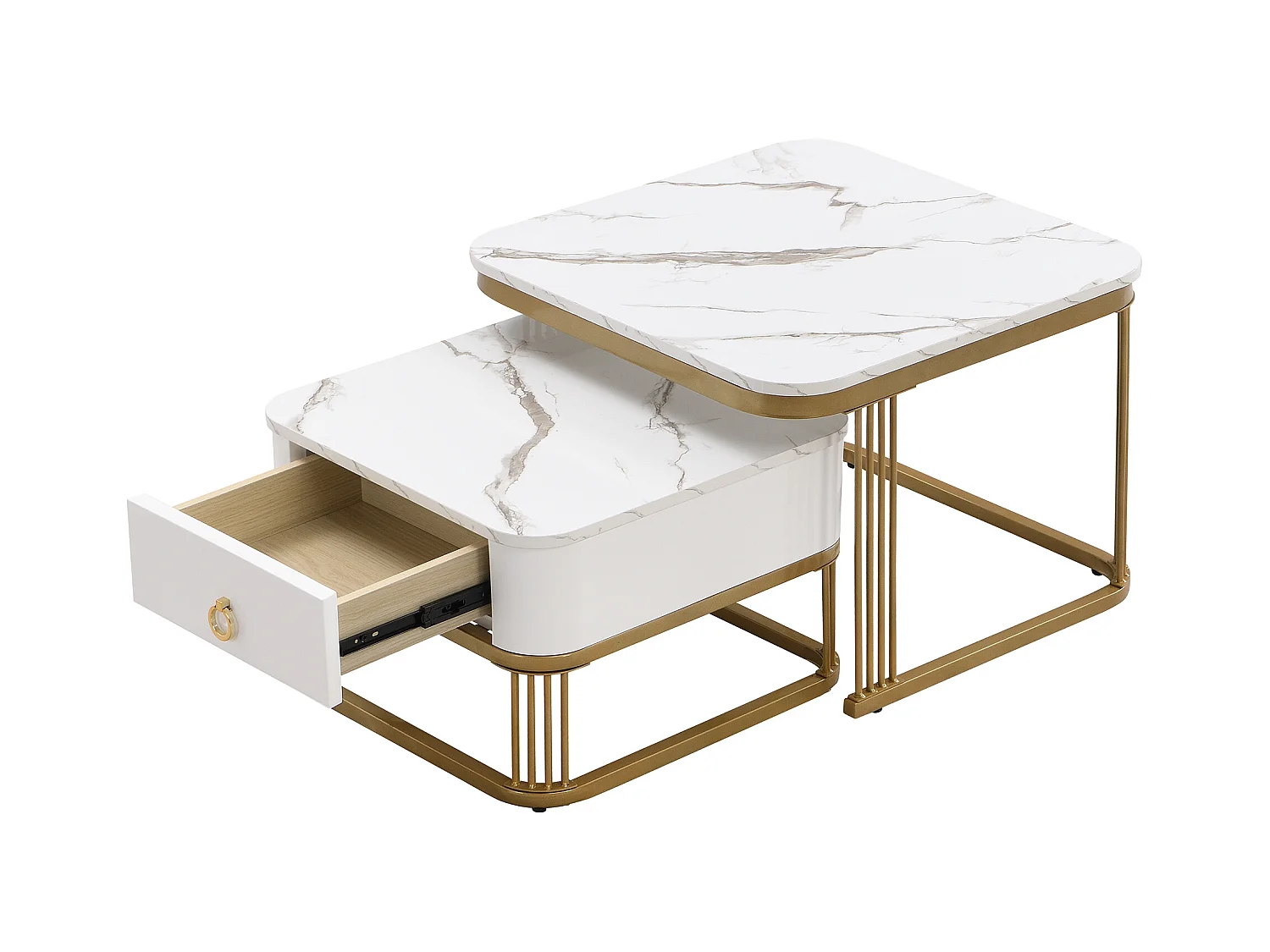 Lot de 2 Tables Basses gigognes, Table Basse en marbre avec Plateau en Verre et tiroir, blanc