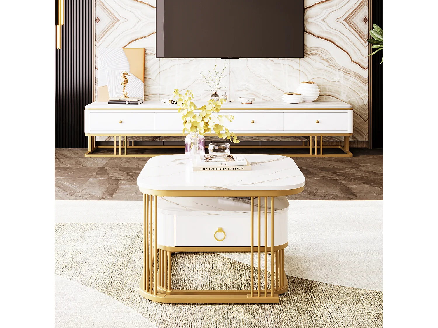 Set van 2 in elkaar passende salontafels, marmeren salontafel met glazen blad en lade, wit