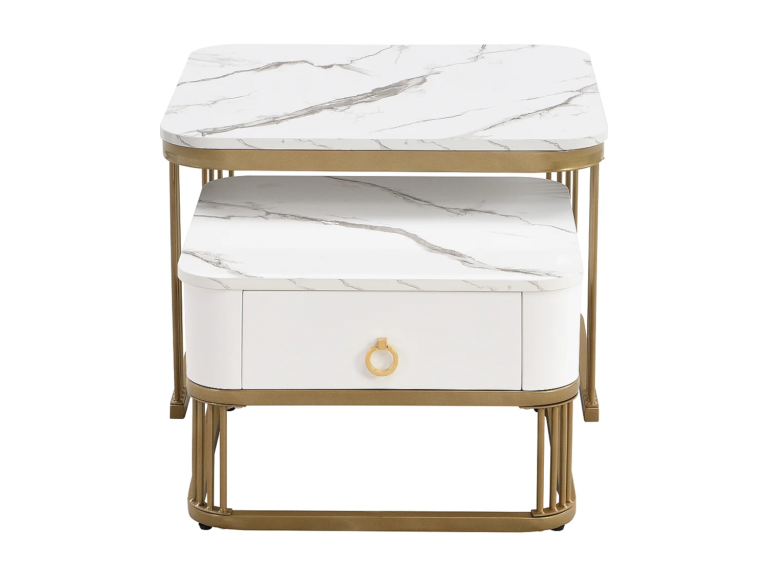 Set van 2 in elkaar passende salontafels, marmeren salontafel met glazen blad en lade, wit