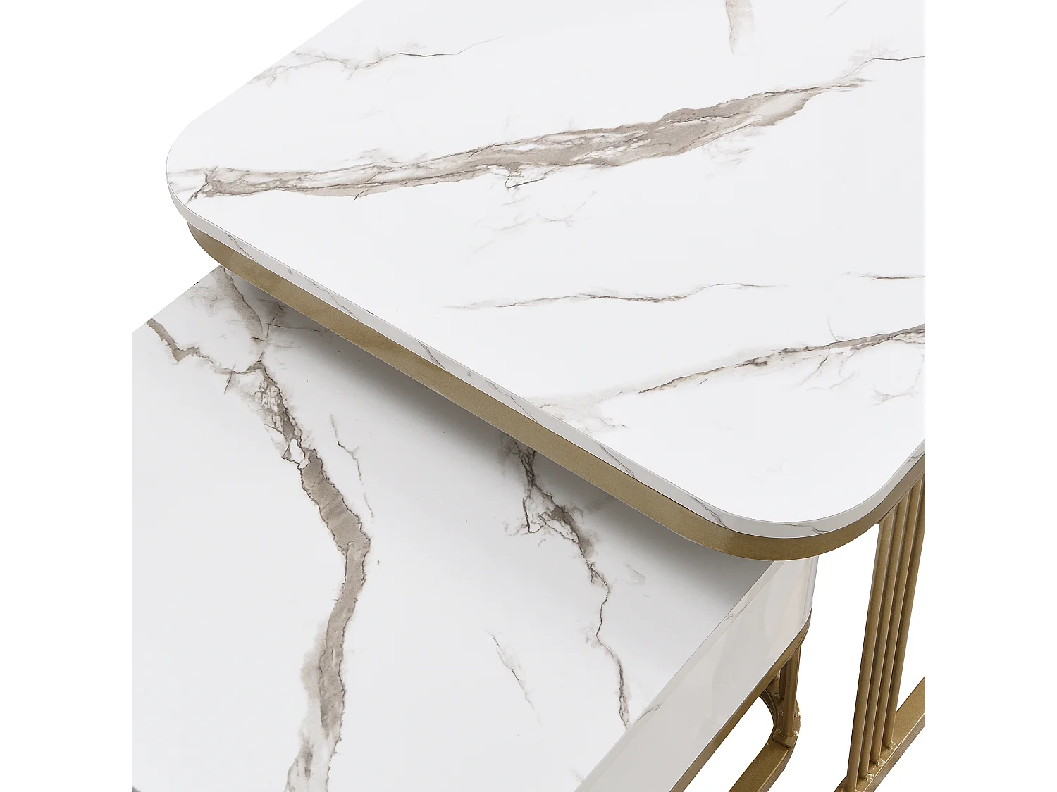 Set van 2 in elkaar passende salontafels, marmeren salontafel met glazen blad en lade, wit