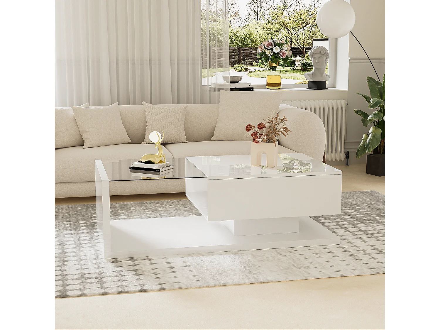 Mesa de centro moderna com 1 gaveta e LED, mesa de sala de estar com tampo de vidro, branca