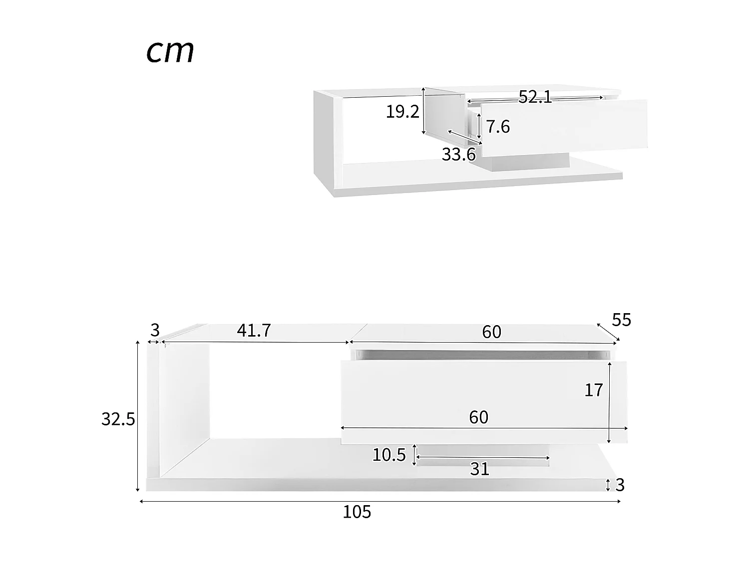 Mesa de centro moderna com 1 gaveta e LED, mesa de sala de estar com tampo de vidro, branca