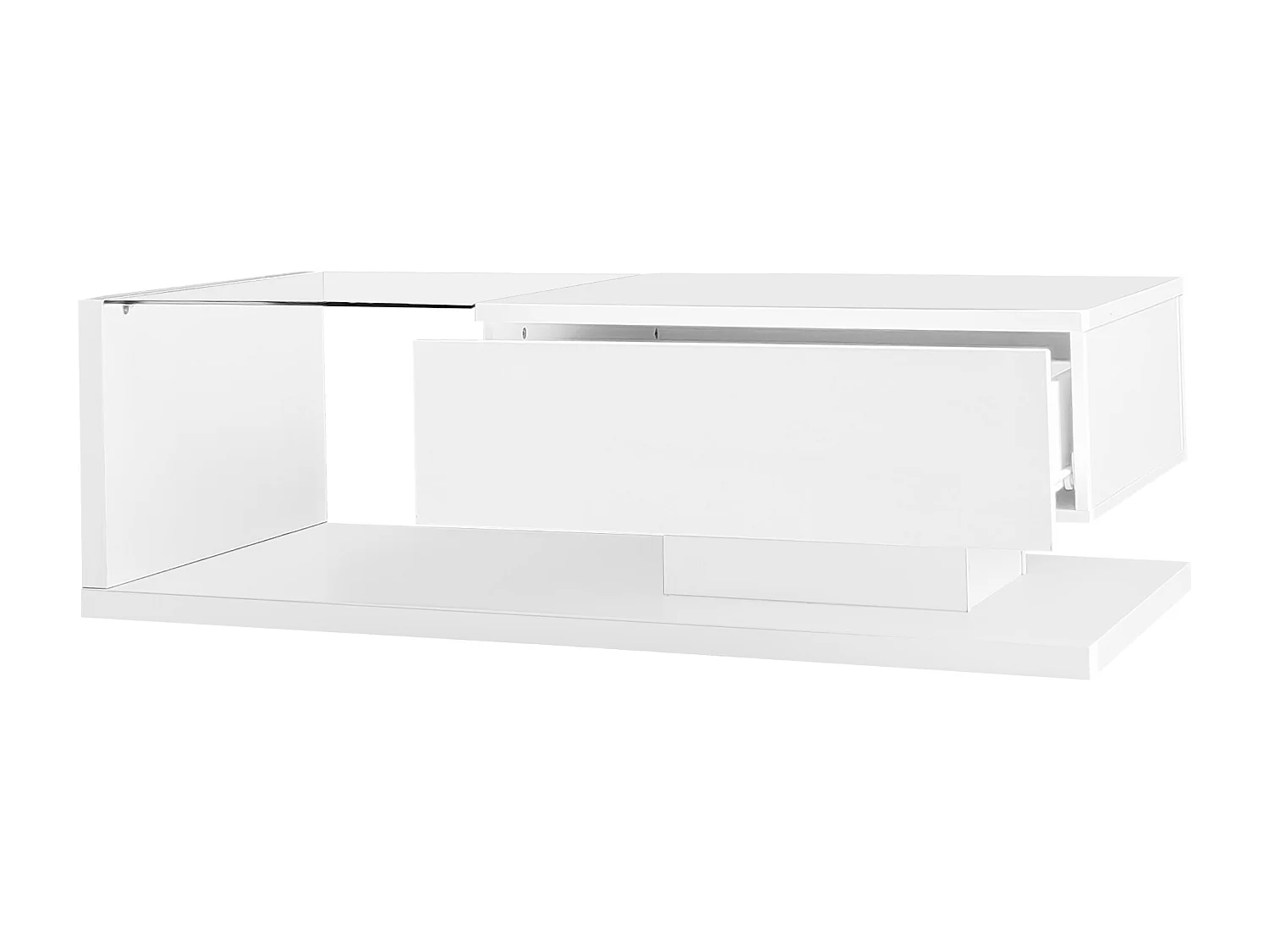 Mesa de centro moderna com 1 gaveta e LED, mesa de sala de estar com tampo de vidro, branca
