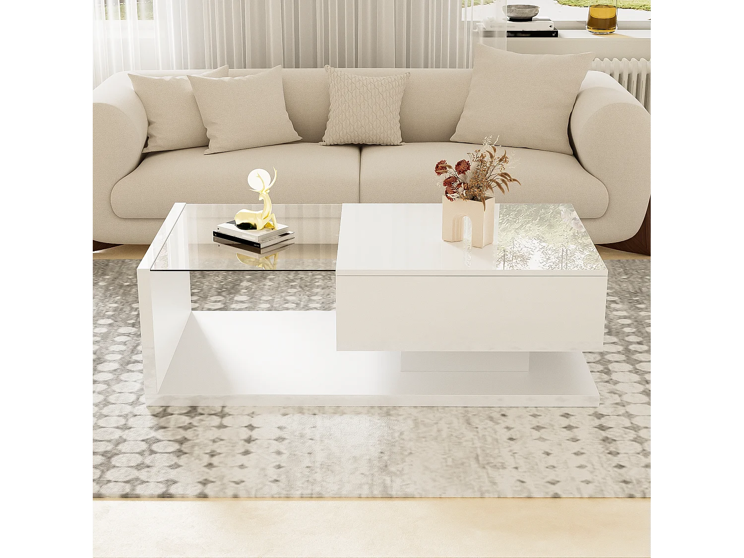 Moderne salontafel voor de woonkamer met 1 lade en ledverlichting, glazen blad, wit