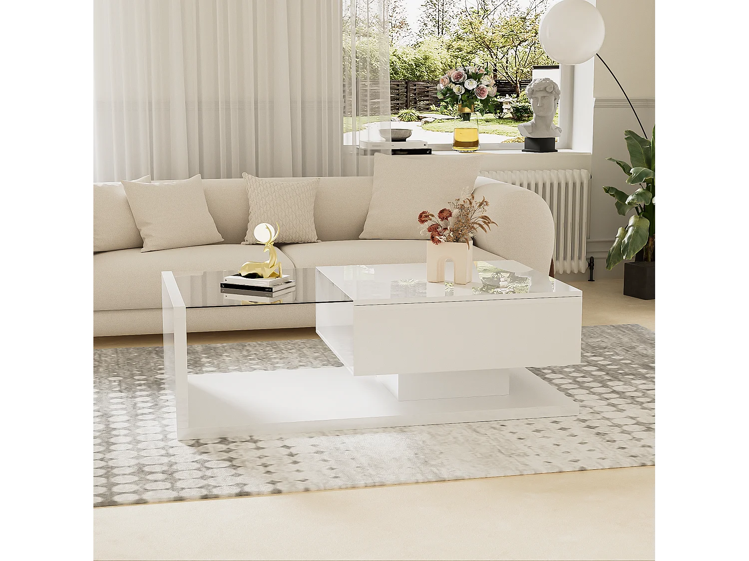 Moderne salontafel voor de woonkamer met 1 lade en ledverlichting, glazen blad, wit