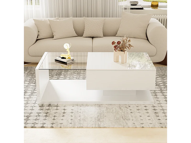 Moderne salontafel voor de woonkamer met 1 lade en ledverlichting, glazen blad, wit