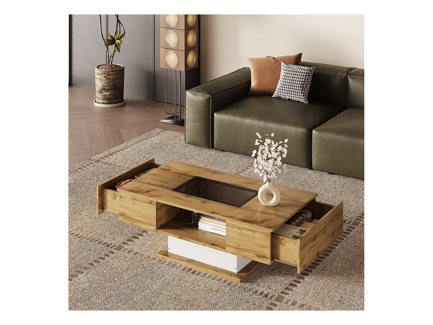 Table basse avec LED, espace ouvert visible sous vitre, rangement avec tiroirs discrets