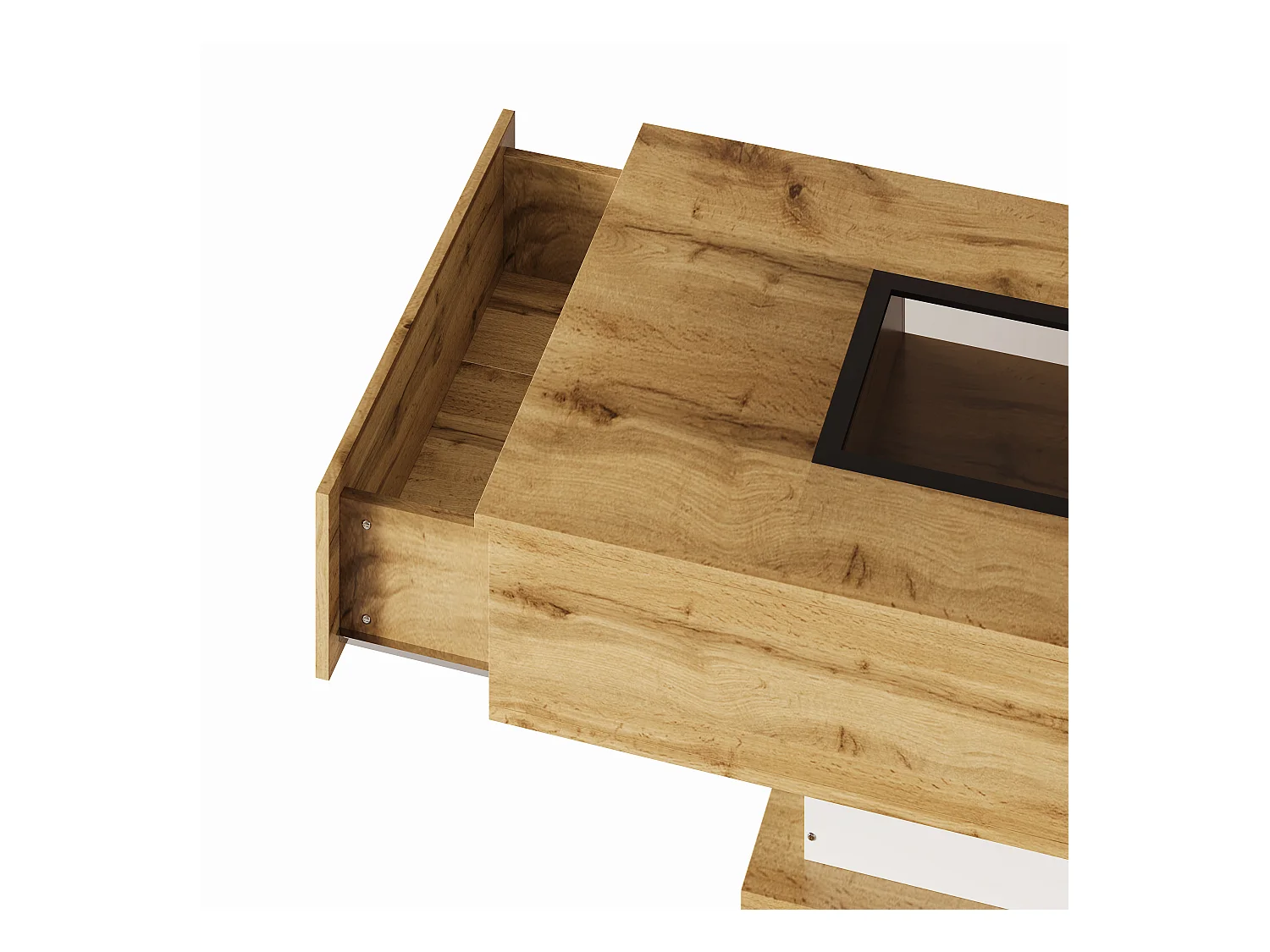 Table basse avec LED, espace ouvert visible sous vitre, rangement avec tiroirs discrets