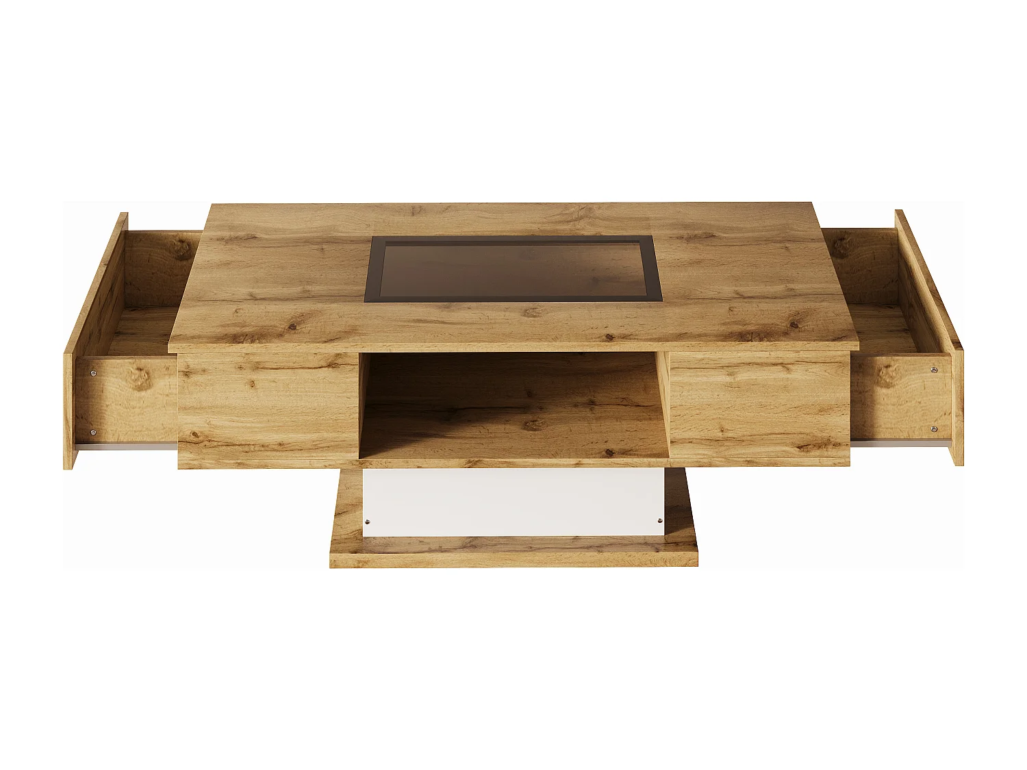 Table basse avec LED, espace ouvert visible sous vitre, rangement avec tiroirs discrets