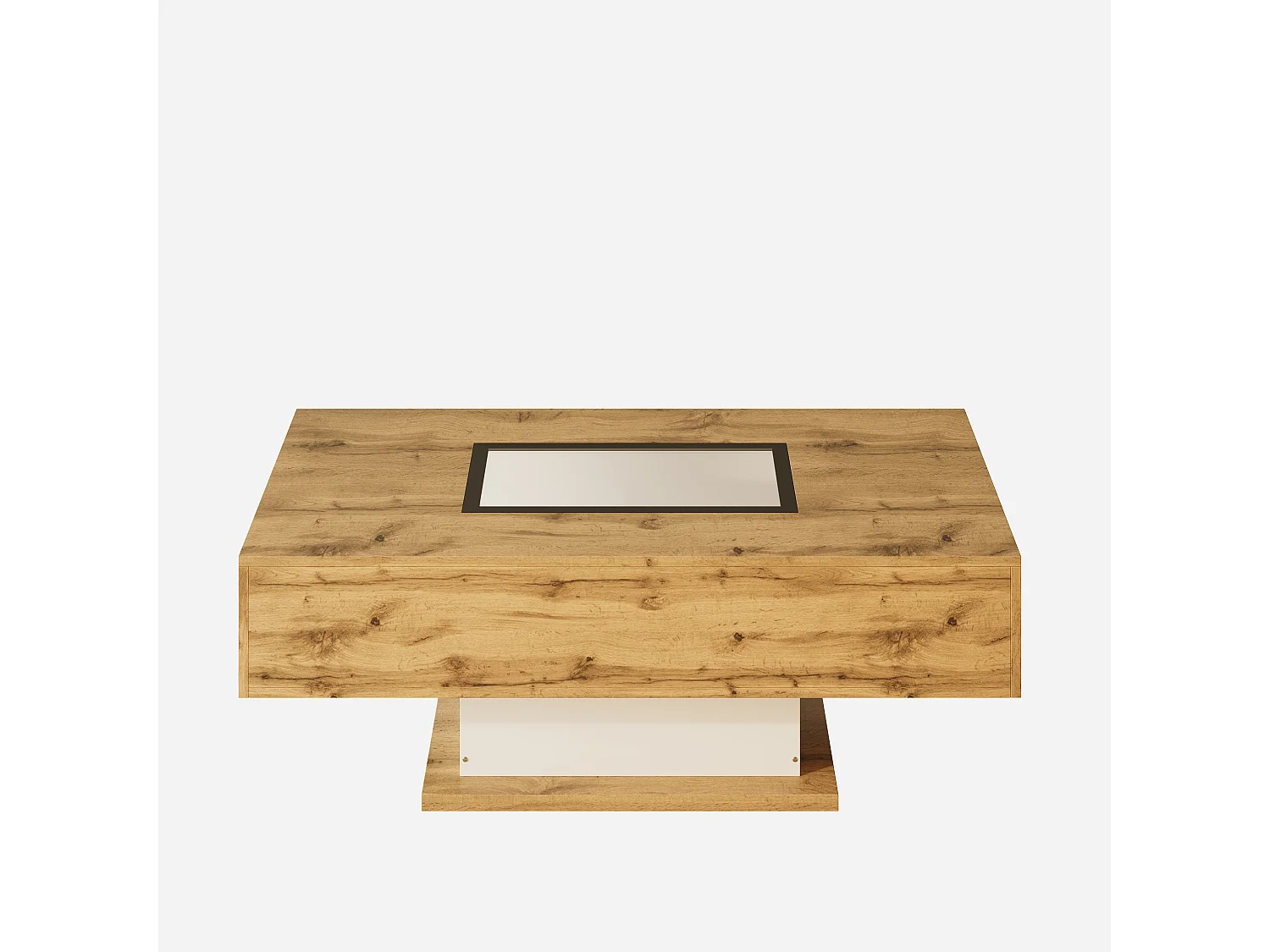 Table basse avec LED, espace ouvert visible sous vitre, rangement avec tiroirs discrets