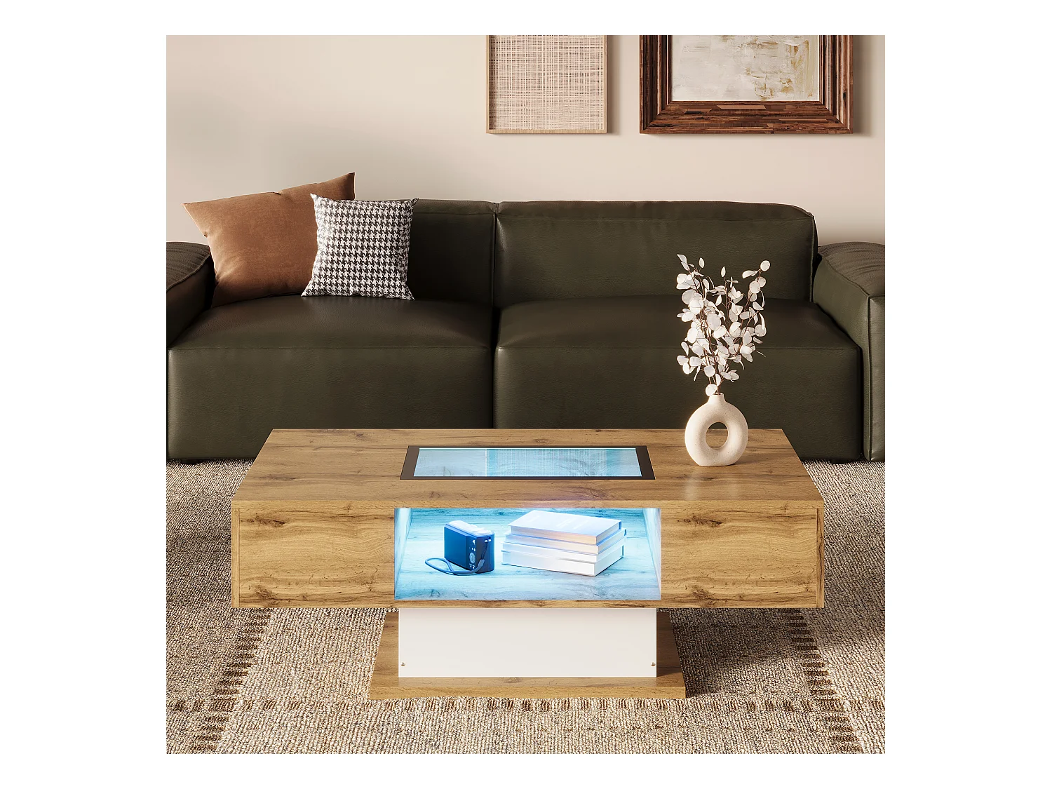 Mesa de centro con LED, espacio abierto visible bajo el cristal, almacenaje con cajones discretos.