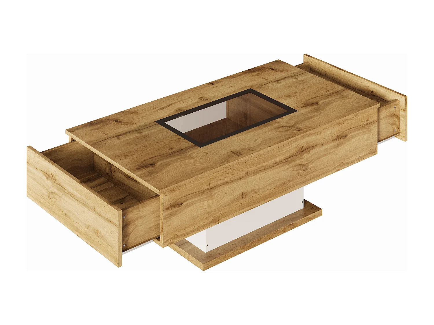 Table basse avec LED, espace ouvert visible sous vitre, rangement avec tiroirs discrets