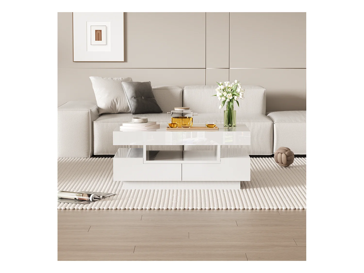 Table Basse Moderne LED Blanc, Meuble de  Salon Table Basse Coffre avec Quatre tiroirs, Blanc