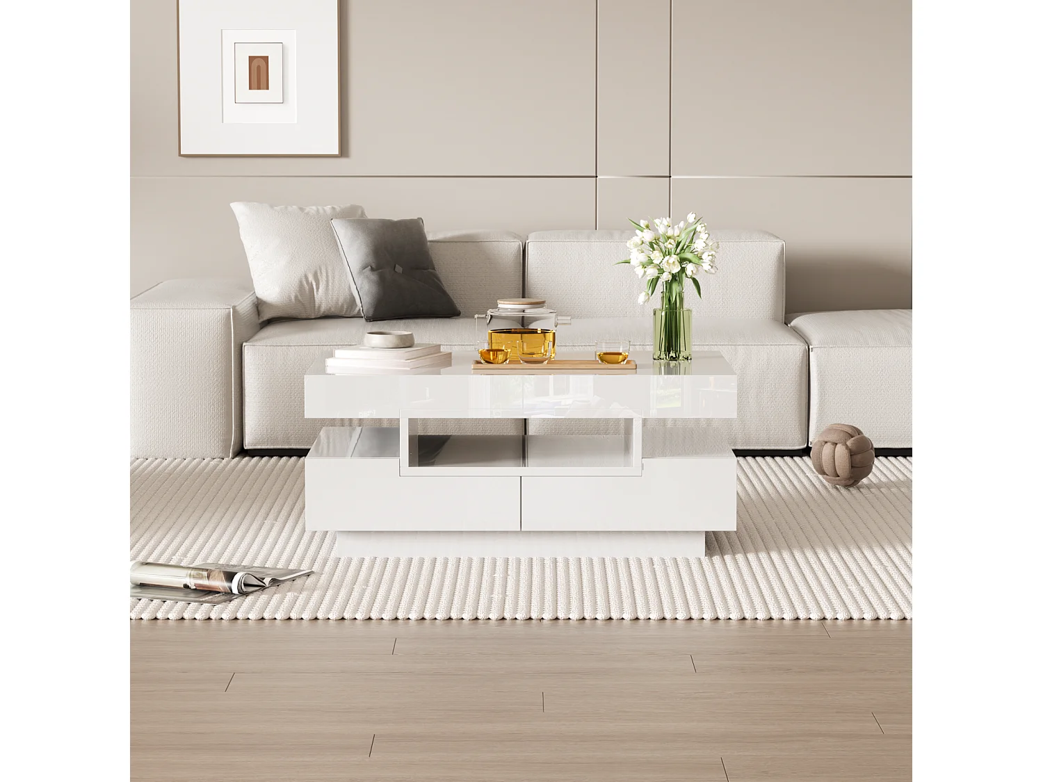 Table Basse Moderne LED Blanc, Meuble de  Salon Table Basse Coffre avec Quatre tiroirs, Blanc