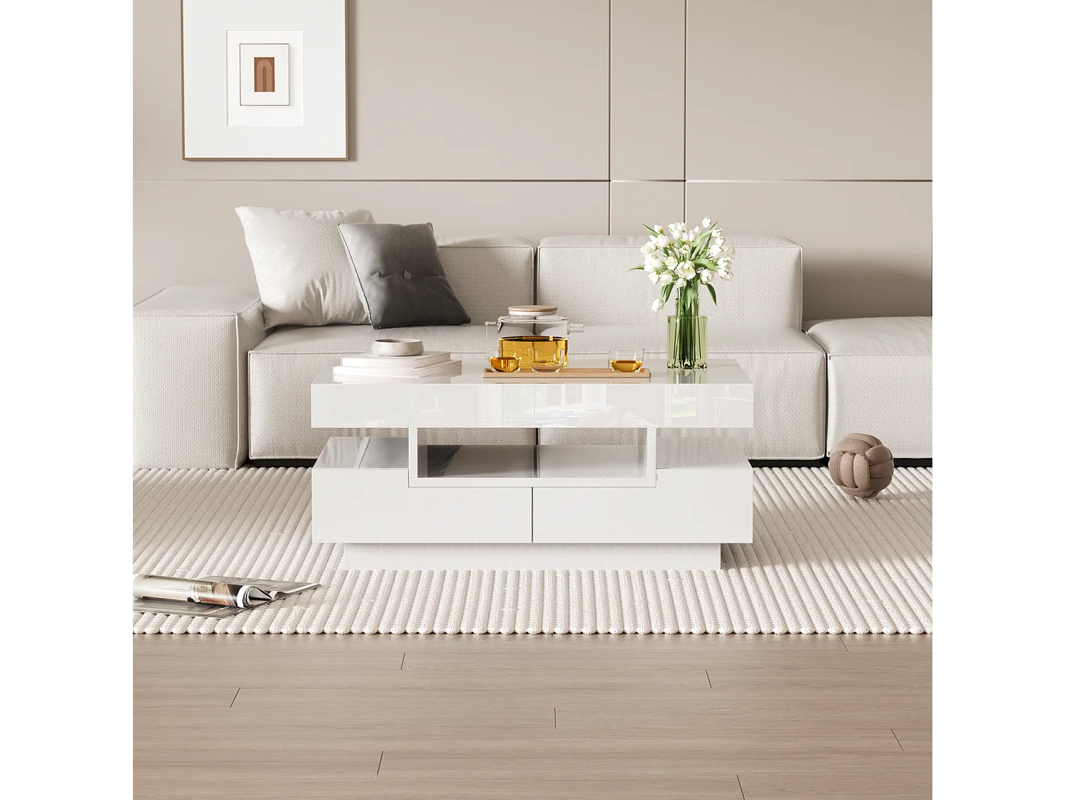 Moderne witte LED-salontafel, woonkamermeubel met opbergruimte en vier lades, wit