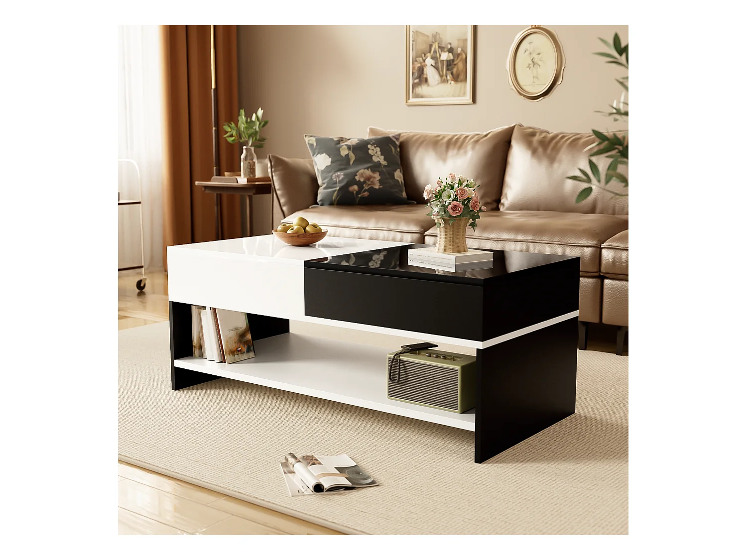 Mesa de centro moderna con 2 cajones, mesa de salón de diseño en blanco y negro, mesa de centro de madera