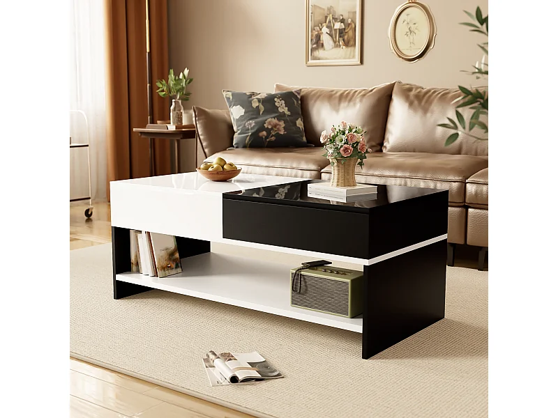 Mesa de centro moderna con 2 cajones, mesa de salón de diseño en blanco y negro, mesa de centro de madera