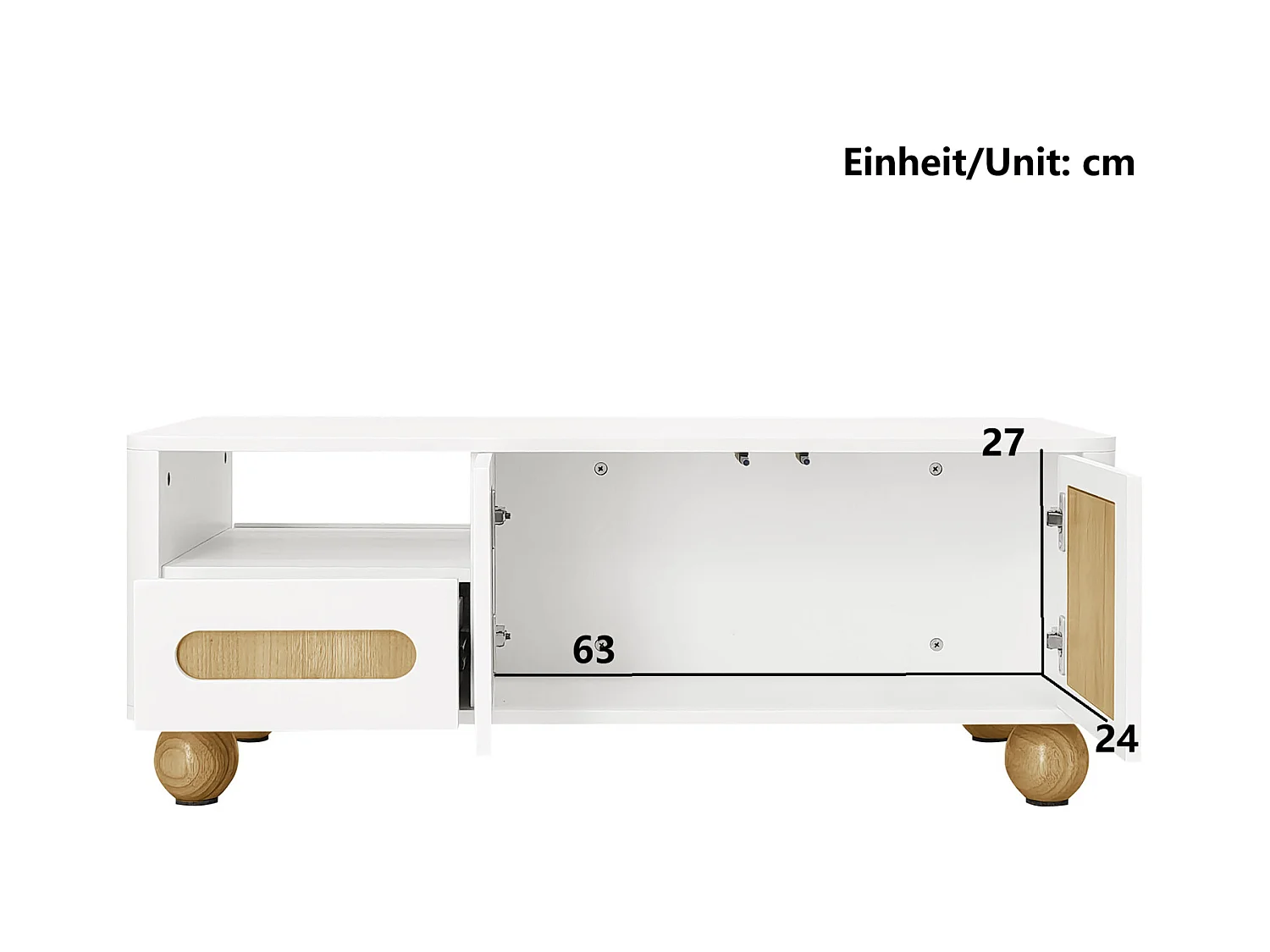 Table Basse contemporaine - avec 4 Portes, 2 tiroirs et Compartiment Ouvert, LED - blanc