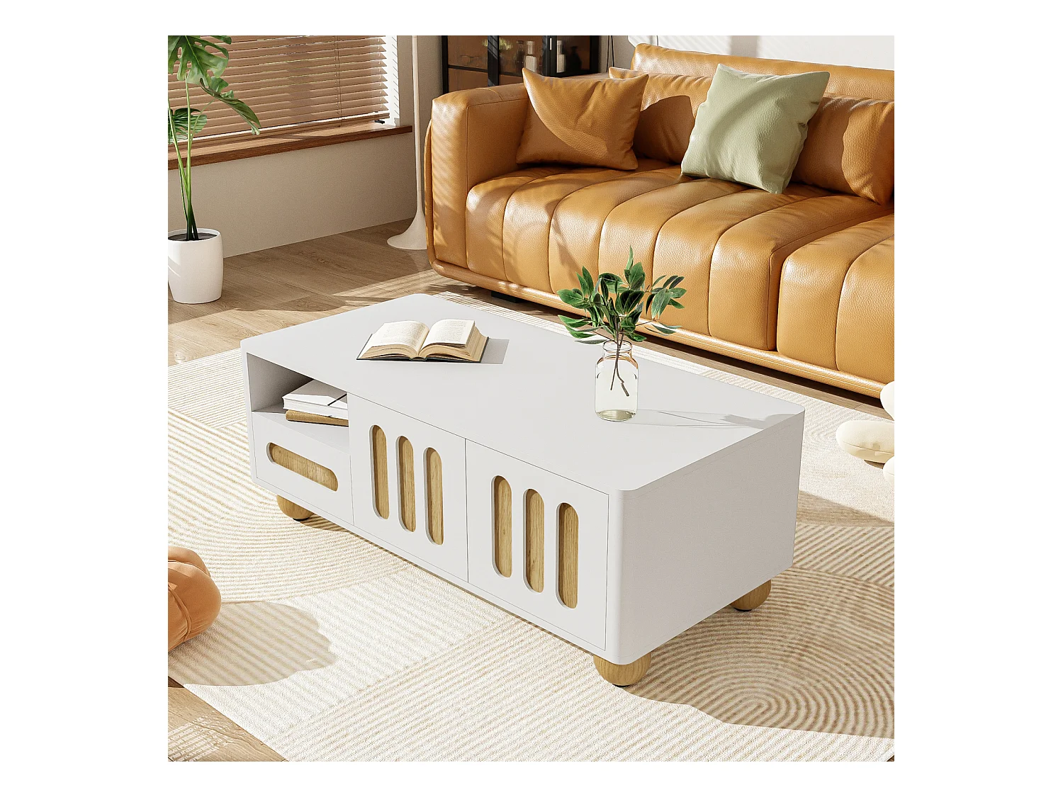Mesa de centro contemporánea con 4 puertas, 2 cajones y compartimento abierto, LED - Blanco