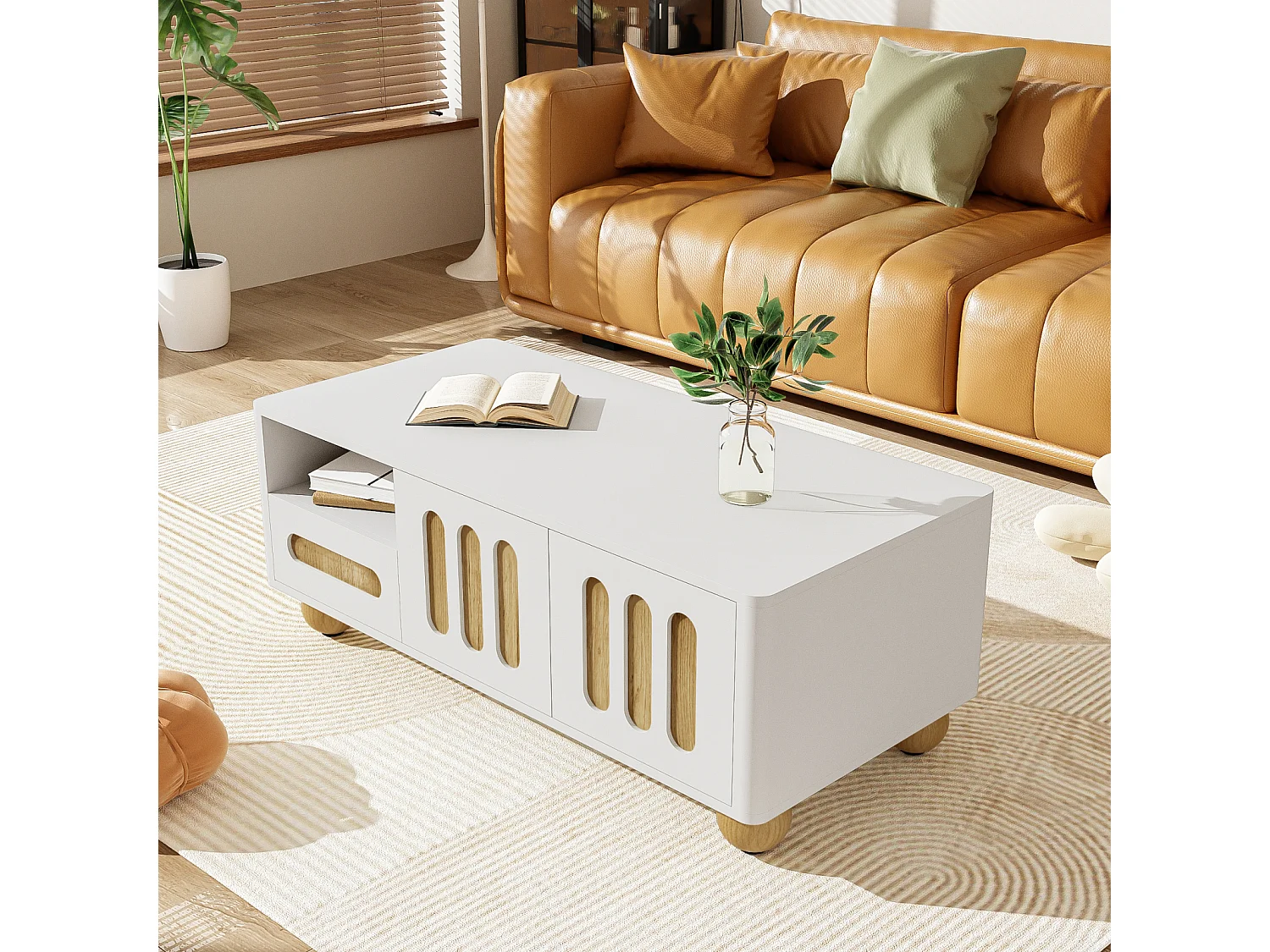 Mesa de centro contemporánea con 4 puertas, 2 cajones y compartimento abierto, LED - Blanco