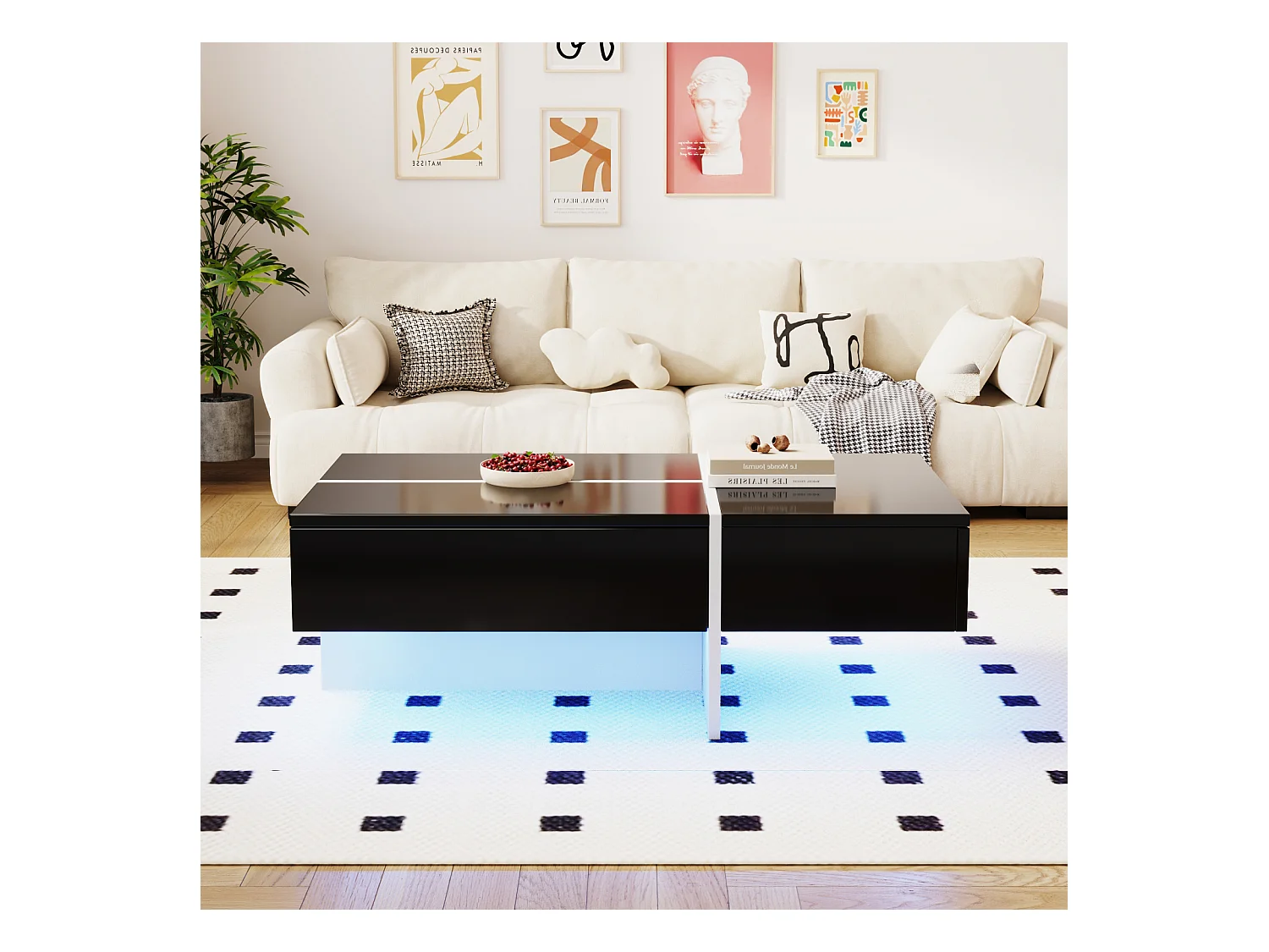 Table de Salon LED Avec Espace de Rangement, Table Basse Brillante Avec Tiroirs, Moderne, Noir