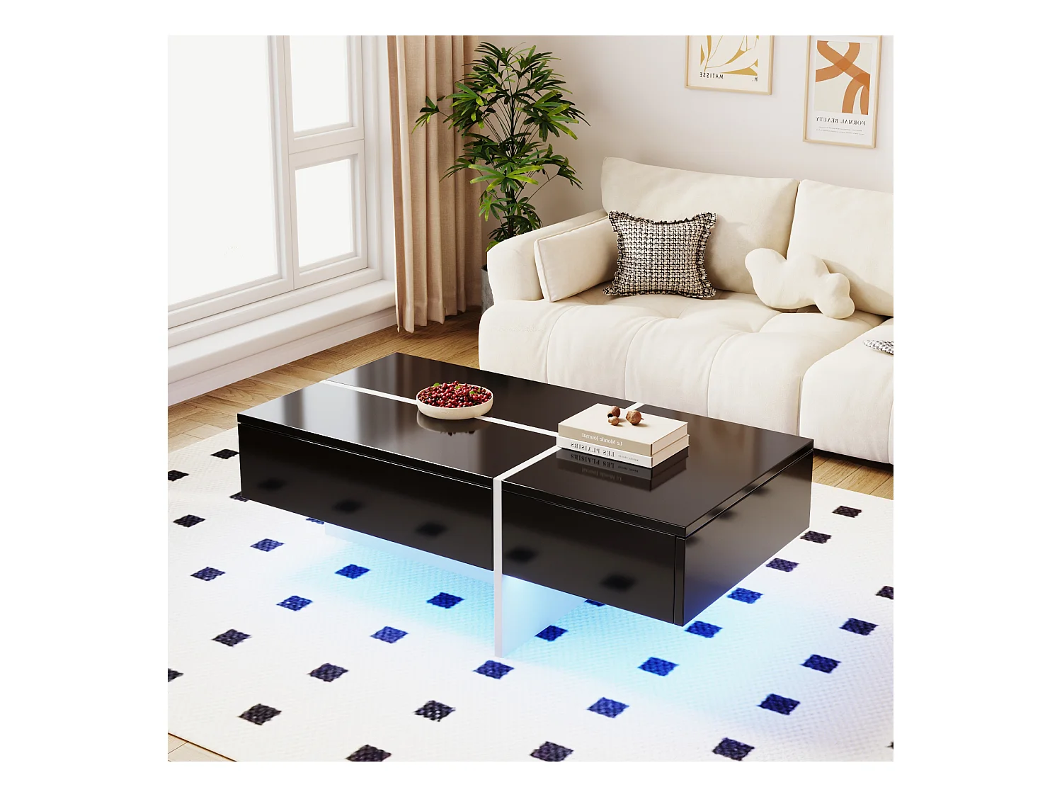 Mesa de centro LED con espacio de almacenamiento, mesa de centro brillante con cajones, moderna, negra