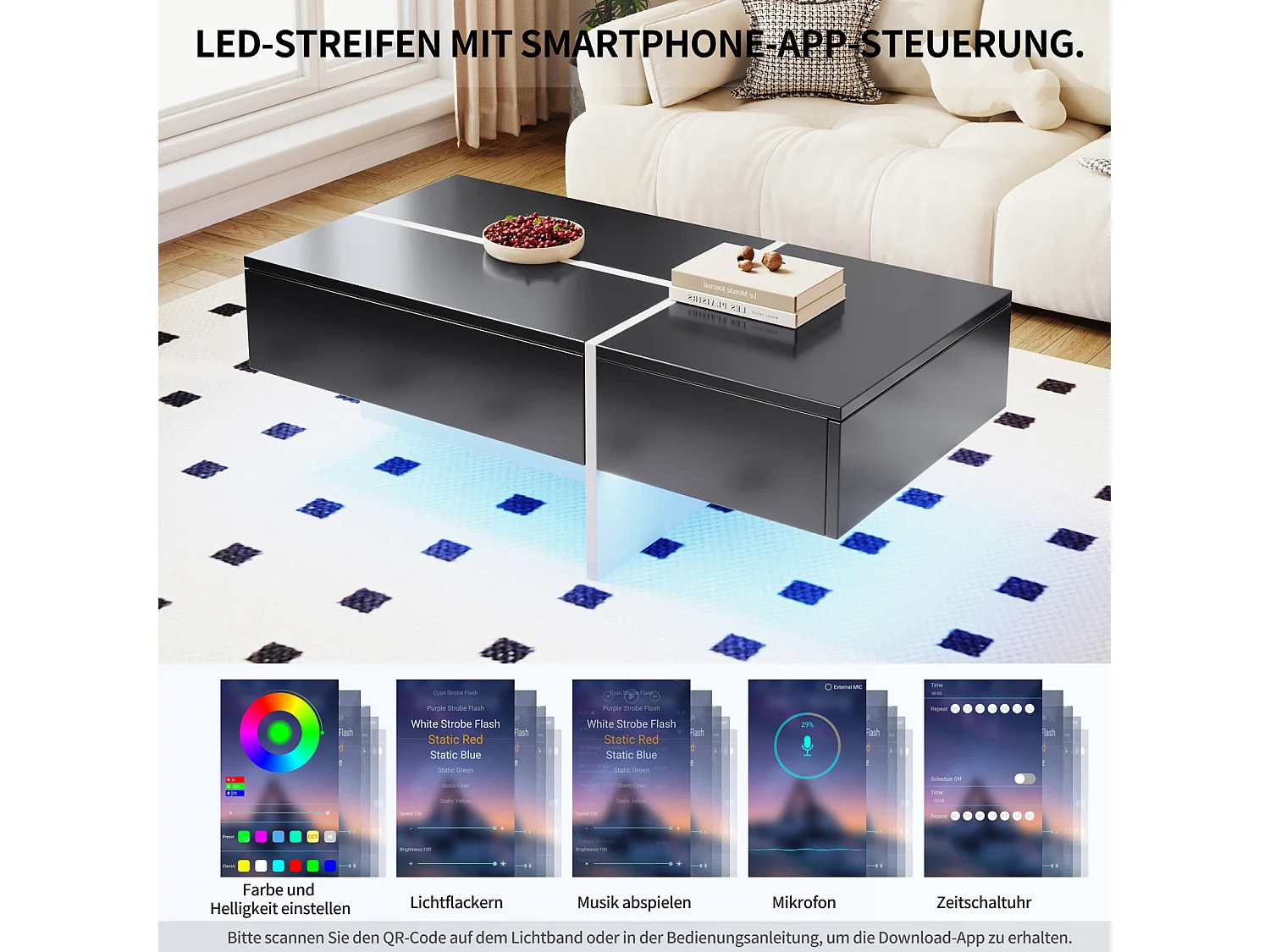 Table de Salon LED Avec Espace de Rangement, Table Basse Brillante Avec Tiroirs, Moderne, Noir