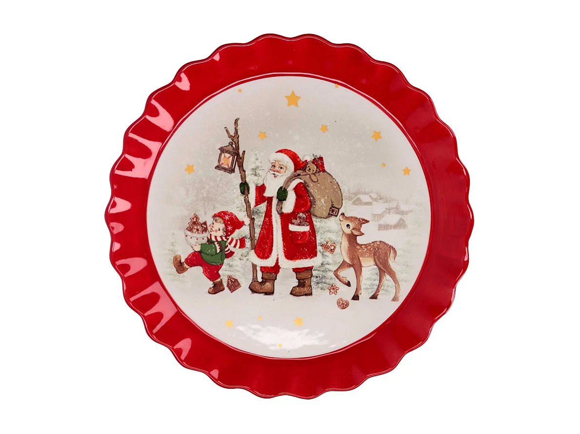 Centrotavola ceramica rosso e bianco tondo babbo Natale cm ø31h3,1