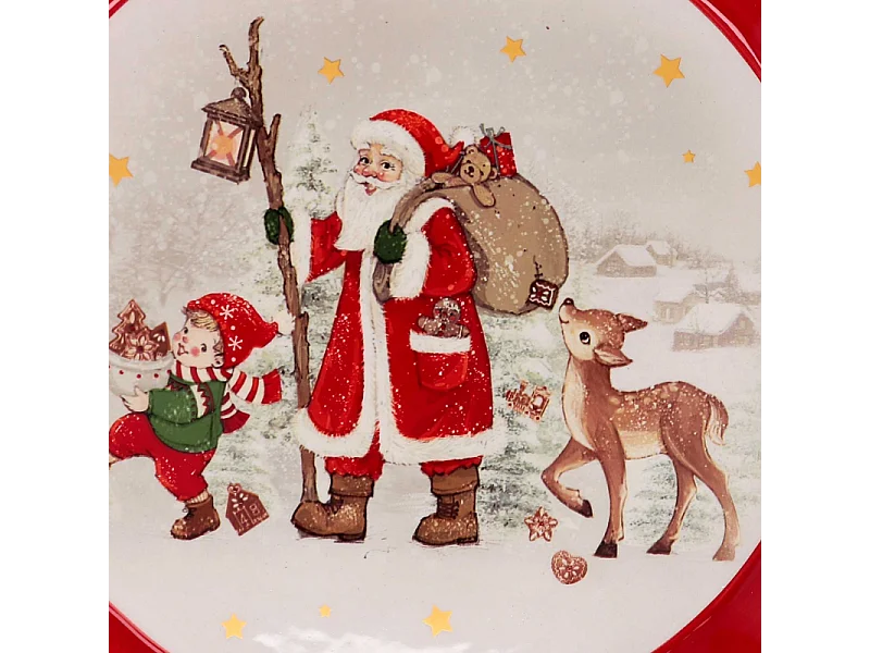 Centrotavola ceramica rosso e bianco tondo babbo Natale cm ø31h3,1