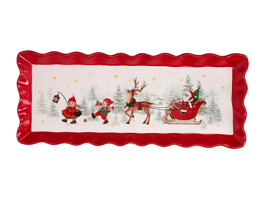 Centrotavola ceramica rosso e bianco rettangolare slitta cm 38,3x15,5x3,4