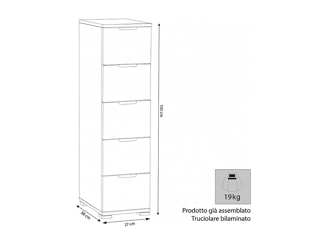 CASSETTIERA 5 CASSETTI ROVERE GRIGIO