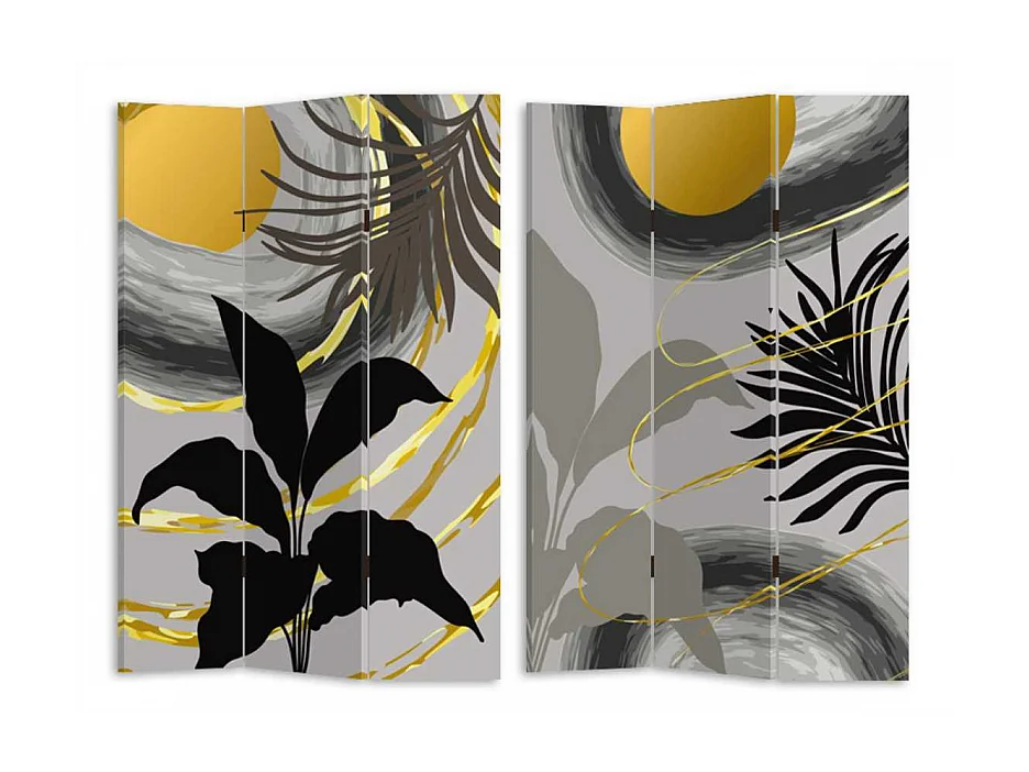 Paravento stampa foglie grigio oro 3 ante rettangolare cm 120,6x2,5h180