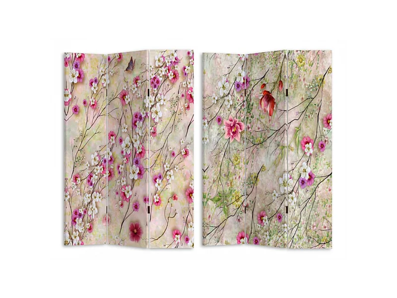 Paravento stampa 3 ante crema con rami fiori cm 120,6x2,5h180