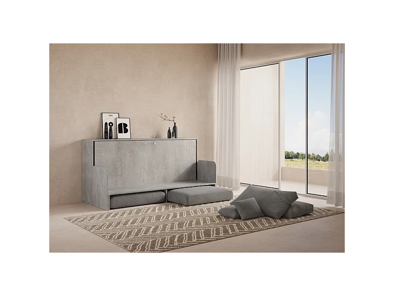 Letto a scomparsa singolo orizzontale Kando Sofà Frassino con materasso - Cemento