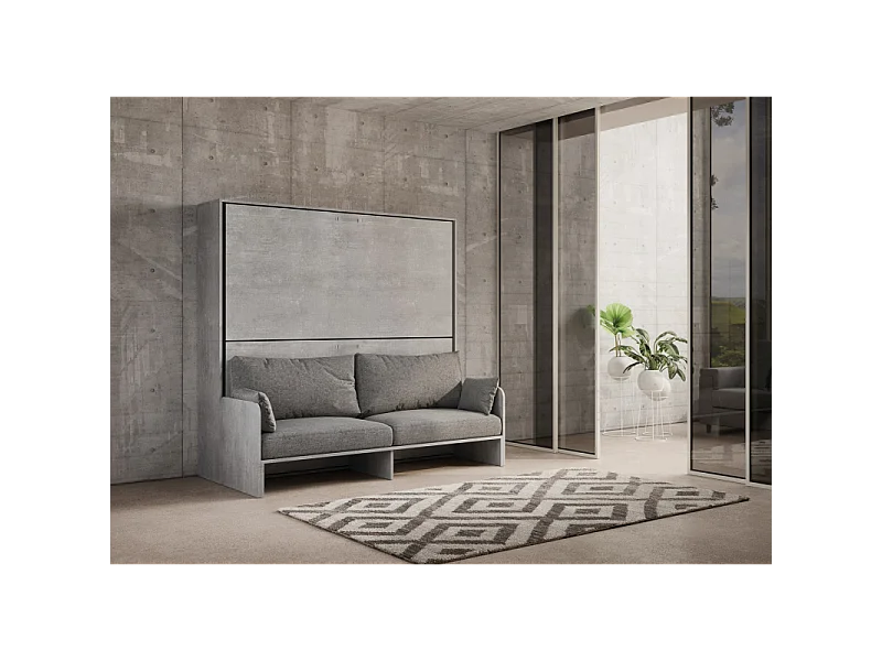 Letto a scomparsa doppio orizzontale Kando Sofà Frassino con materassi - Cemento