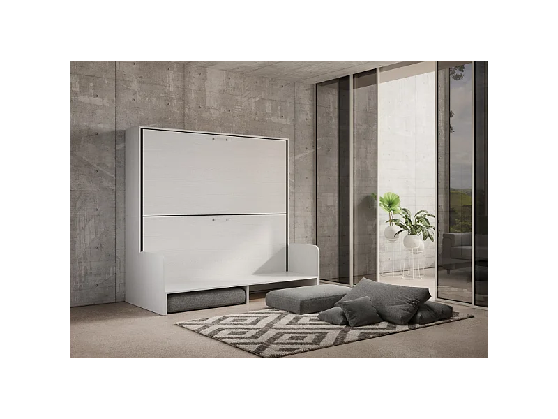 Letto a scomparsa doppio orizzontale Kando Sofà Frassino con materassi - Bianco Frassino