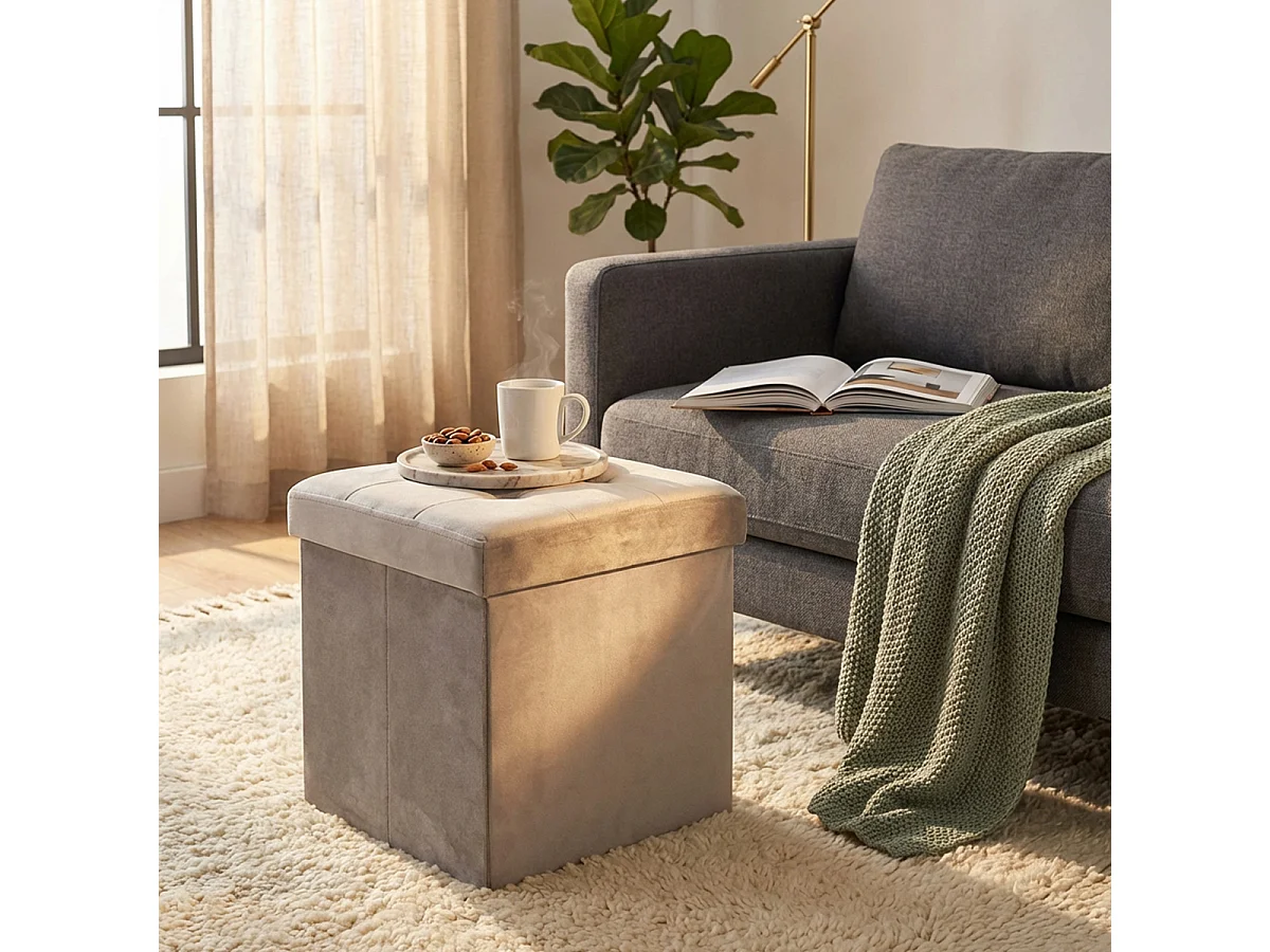 Pouf coffre carré en velours pour salon - Gris tourterelle