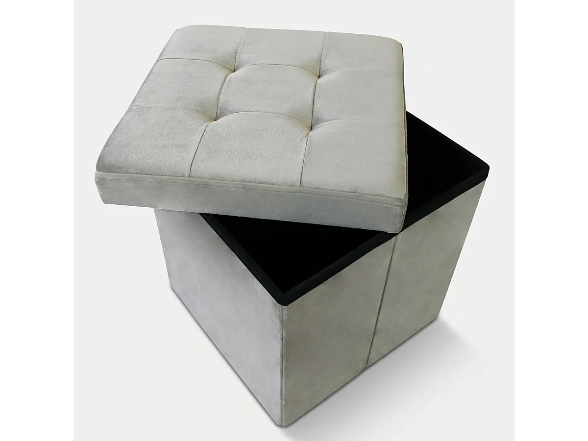 Pouf coffre carré en velours pour salon - Gris tourterelle