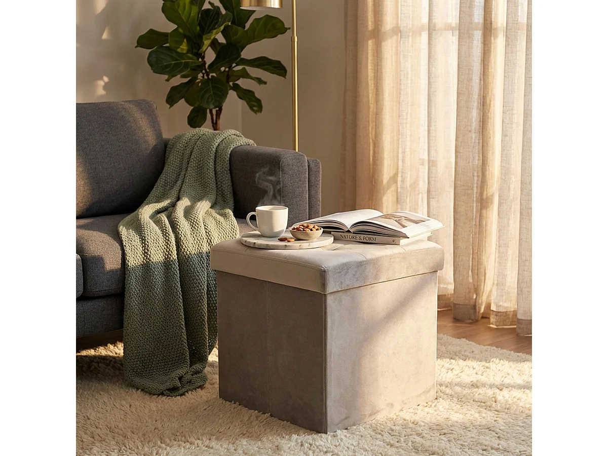 Pouf coffre carré en velours pour salon - Gris tourterelle