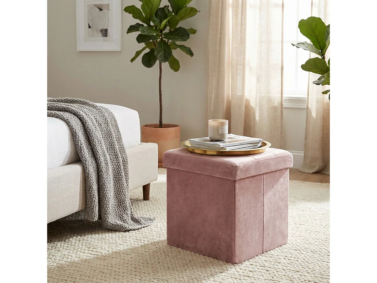 Pouf coffre carré en velours pour salon - Rose