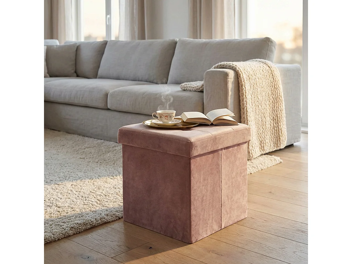 Pouf coffre carré en velours pour salon - Rose