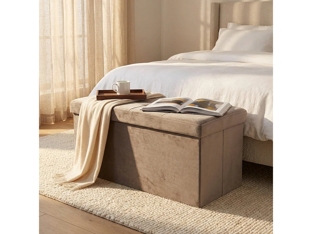 Pouf coffre rectangulaire en velours pour chambre - Gris tourterelle