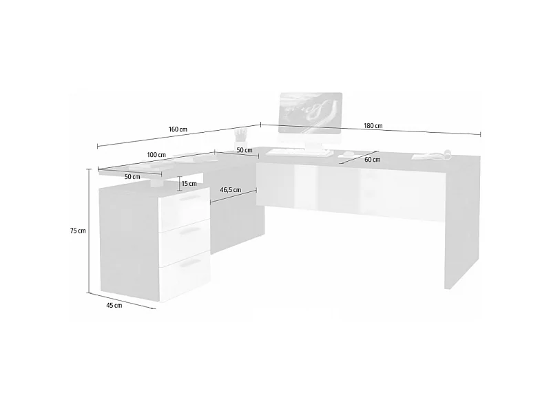 Scrivania ad angolo New Selina – 180x75x60 – Bianco Lucido