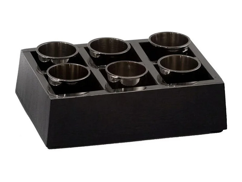 Vassoio con 6 bicchierini cm 17,5x11h4,5vassoio legno/bicchieri alluminio