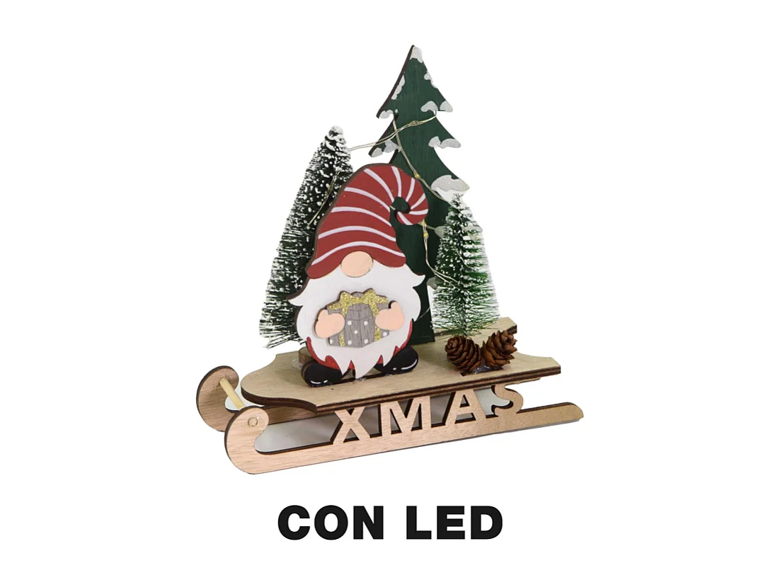 Gnomo legno su slitta led rosso cm 18x7h18,5