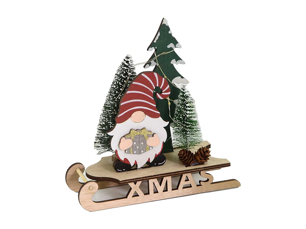 Gnomo legno su slitta led rosso cm 18x7h18,5