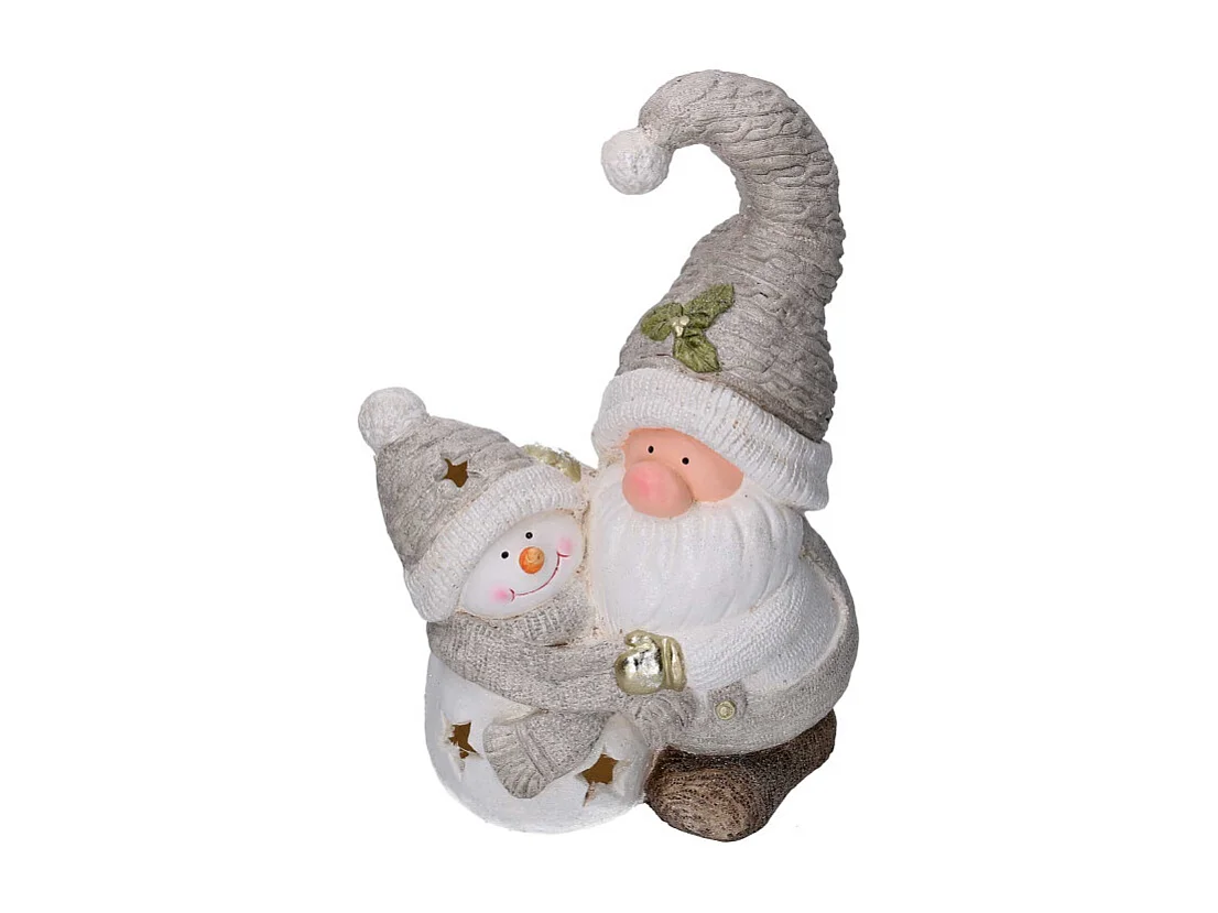 Gnomo resina e pupazzo di neve grigiocon led cm 27,5x18,5h42