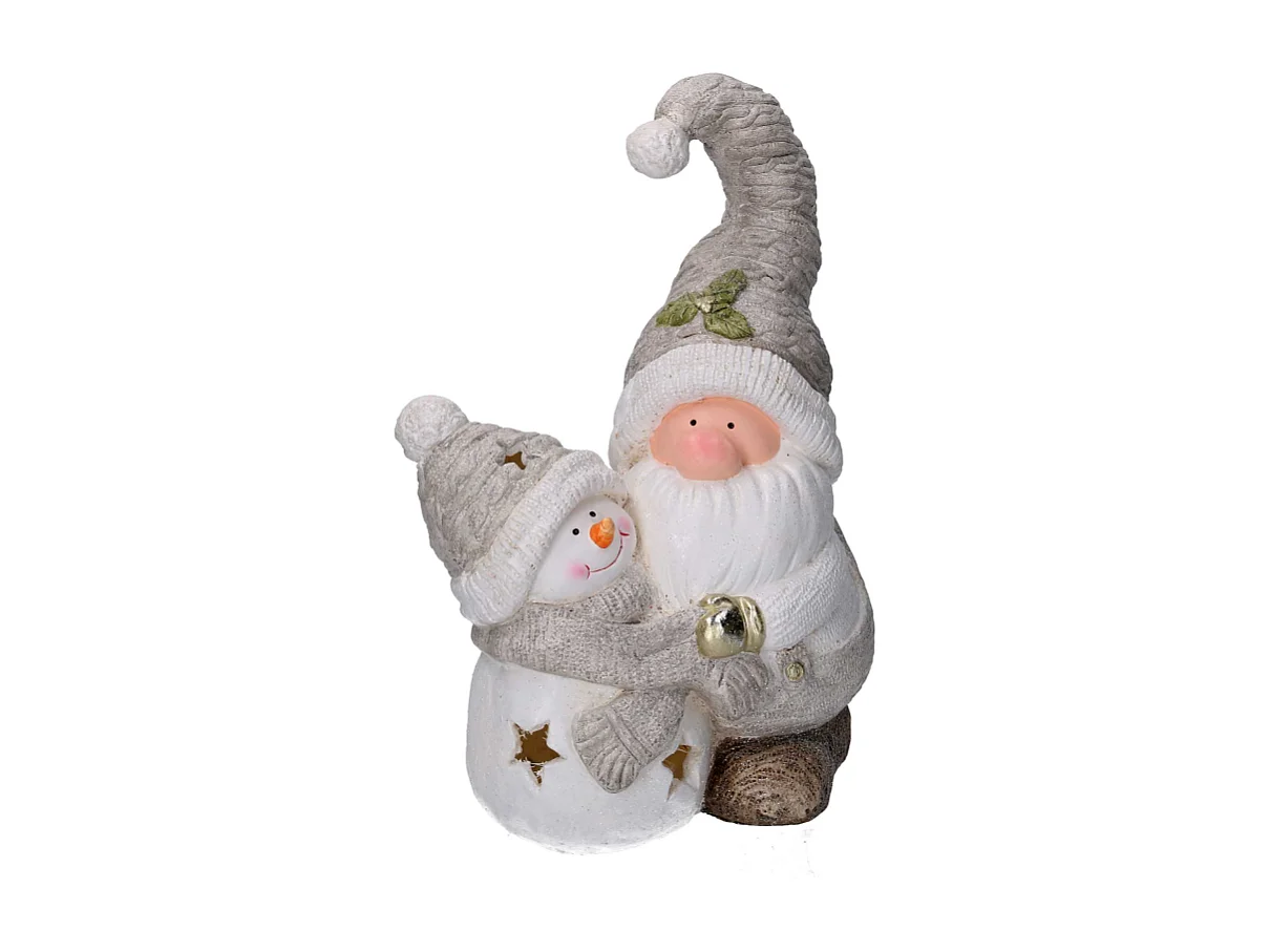Gnomo resina e pupazzo di neve grigiocon led cm 27,5x18,5h42